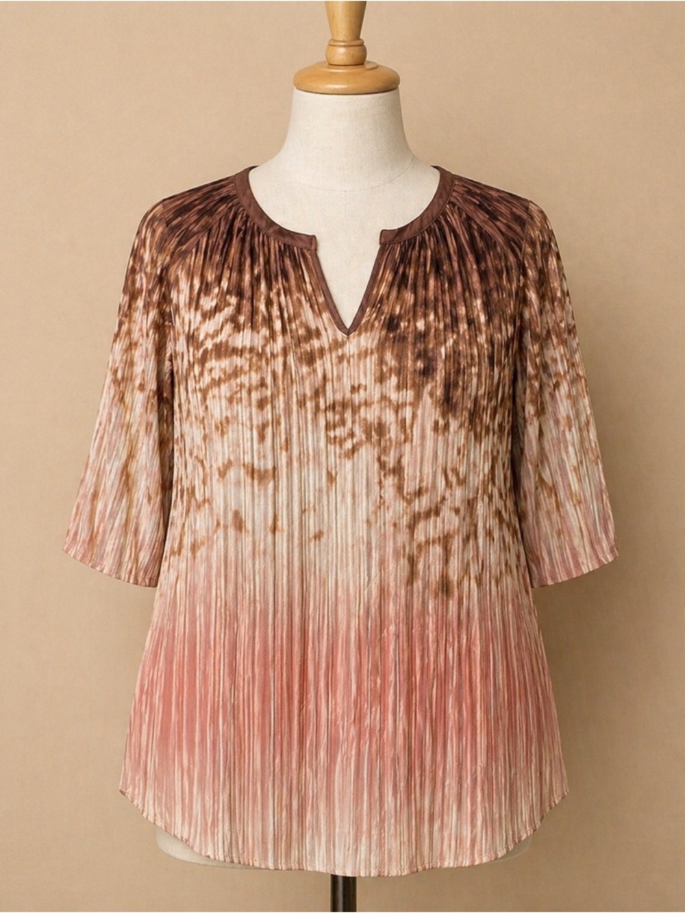 Cato Brown Pink Ombré Pleated Blouse Size M Elegant Textured Top